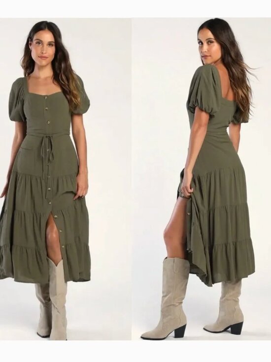 Lulus Dresses & Skirts - Lulus NEW Puff Sleeve Tiered Midi Dress Sz M Green Army Prairie Cottagecore